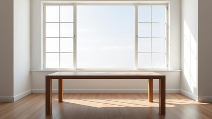 Obraz premium A minimalist wooden table is placed under a large window creating a sense of openness and allowing natural light to flood the space, airy feel, minimalist decor