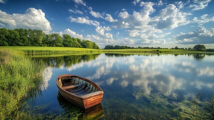 Fototapeta premium Bird’s-eye view of a tranquil farm pond, clear reflections of the surrounding trees and blue sky, vibrant green fields extending into the distance, rippling water adding texture,
