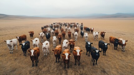 A herd of variously colored cows walking across a vast, dry grassland under a cloudy sky in an open rural landscape