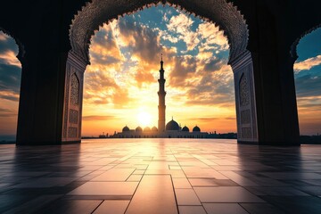Fototapeta premium Outdoor floor with a view of a silhouette of the mosque with a dramatic sky view background. Islamic background 