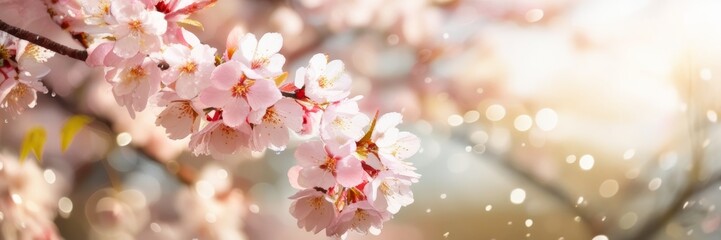 Naklejka premium Horizontal banner with Cherry blossom. Beautiful nature spring background with a branch of blooming Quince. Copy space for text