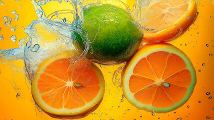 lime and orange halves splashed with water