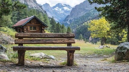 Rustic wooden bench overlooking a scenic mountain valley with a log cabin.