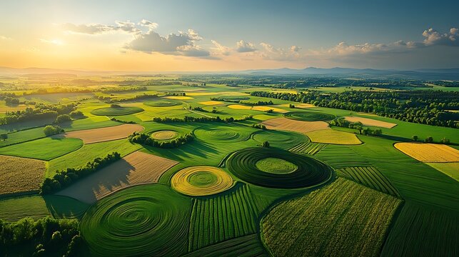 Bird&rsquo;s-eye view of farmland showcasing large circular irrigation systems, patchwork of green and golden fields arranged in unique patterns, sunlight illuminating the landscape,