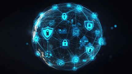 A transparent globe with blue security icons floating around it, connected by digital threads of light, symbolizing worldwide cybersecurity. 