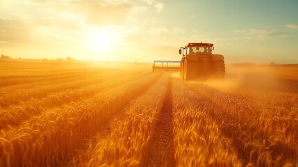 Fototapeta premium Drone shot capturing the action of a countryside harvest, tractors working in a vast field of golden wheat, sunlight casting highlights and shadows, dust clouds rising in the background,