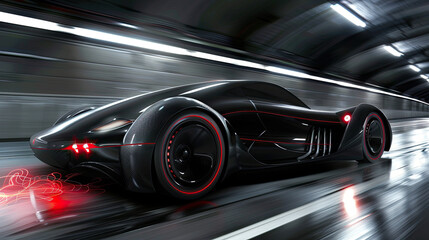 Fototapeta premium Sleek Sports Car with Glowing Red Accents in Rainy Tunnel
