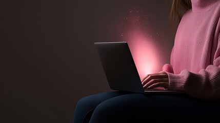Woman in cozy sweater using a laptop with glowing light effect, creating a mystical and modern atmosphere in a dark environment, showcasing technology and creativity