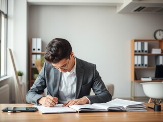 Young professional in formal attire working on paperwork at sleek desk in contemporary coworking space, papers, desk