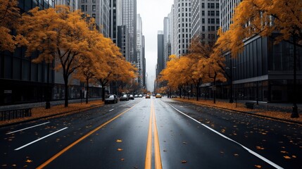 Obraz premium Urban street view with autumn trees lining a road surrounded by tall buildings, featuring yellow leaves contrasting with the gray cityscape, and cars driving on the wet pavement.