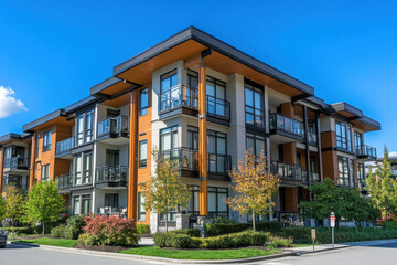 Modern apartment building with balconies and landscaped surroundings.