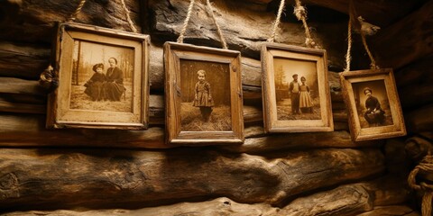 Fototapeta premium Vintage sepia framed family portraits. Framed antique photos of memories. Nostalgia with rustic style. Timeless with a historical context. Ideal for galleries and exhibitions.