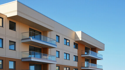 Modern Apartment Building with Glass Balcony and Clear Blue Sky