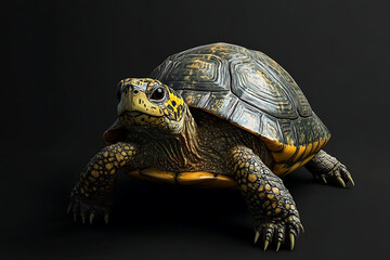 Obraz premium A detailed, realistic depiction of a turtle against a black background.