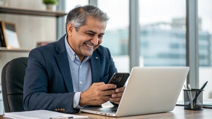 Fototapeta premium Middle aged Hispanic business manager ceo using cell phone mobile app, laptop. Smiling Latin or Indian mature man businessman holding smartphone sit in office working online on gadget, close up.