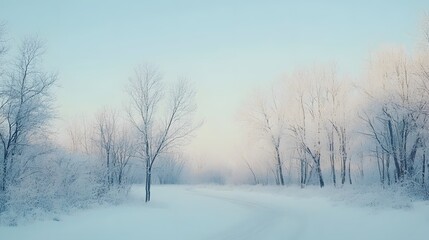 Obraz premium Serene winter landscape; snow-covered trees and path.