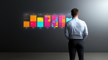 Professional analyzing data on a futuristic wall interface with colorful charts and graphs for business insights and decision-making in a modern workspace setting