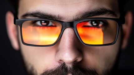 Close-up Portrait of a Young Man with Stylish Glasses and Reflective Lenses Capturing a Mysterious and Intriguing Expression in Soft Light