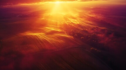 Obraz premium High-altitude view of farmland basking in the golden sunset glow, the sky a blend of orange, pink, and purple, shadows creating a dynamic contrast across the fields, detailed textures,