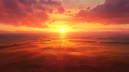 Obraz premium High-altitude view of farmland basking in the golden sunset glow, the sky a blend of orange, pink, and purple, shadows creating a dynamic contrast across the fields, detailed textures,