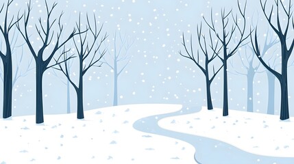 Fototapeta premium Snowy winter landscape with leafless trees and a winding stream.