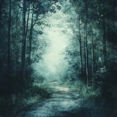 Obraz premium Serene Forest Pathway Surrounded by Lush Green Foliage and Soft Light Illuminating the Tranquil Nature Scene in a Dreamy Atmosphere