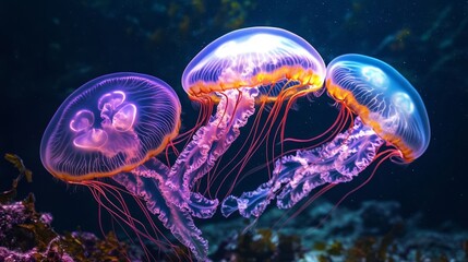 Obraz premium Three glowing jellyfish underwater.