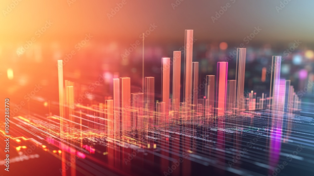 Poster abstract data visualization with colorful 3d bar graphs and lines