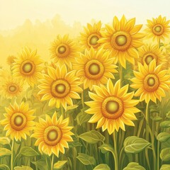 Obraz premium Vibrant Sunflower Field Stretching Under Warm Golden Sunlight with Soft Background Hues and Lush Green Leaves, Capturing Nature's Breathtaking Beauty and Tranquility