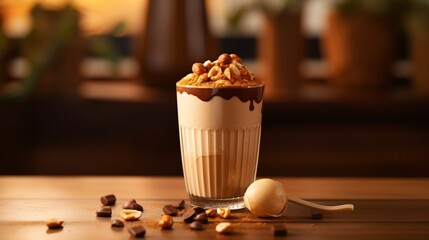 Obraz premium Closeup of a creamy peanut butter smoothie cup set on a warm wooden kitchen counter with visible nut and chocolate details offering a delicious healthy and natural snack or refreshment option
