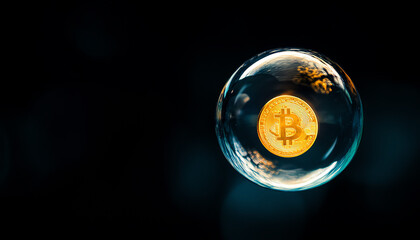 Close-up of bitcoin submerged in bubble, symbolizing cryptocurrency and market volatility.