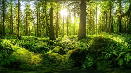 Obraz premium Sunlit lush green forest with moss covered ground and ferns.
