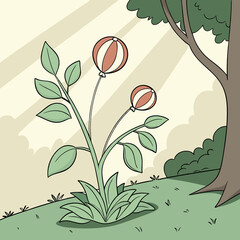 A vibrant plant surrounded by colorful balloons floating in the air.