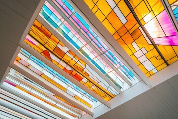 Obraz premium Colorful Stained Glass Ceiling in Futuristic Architectural Atrium Design for Interior Decor