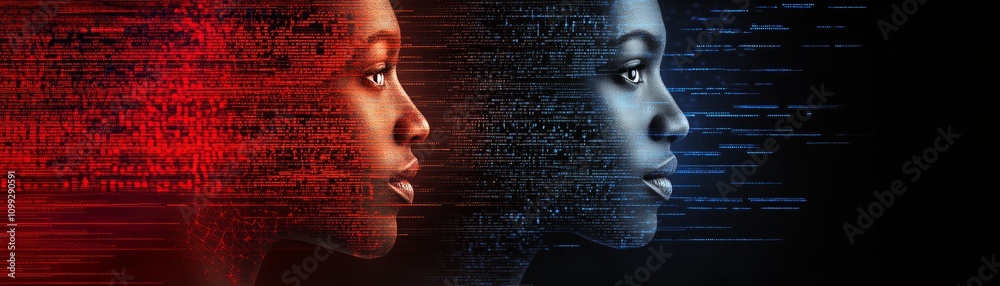 Wall mural digital connection, man and woman face to amidst binary code, exploring the intricacies of modern co