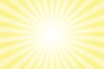 Sun ray vector background. Baby yellow radial beam sunrise or sunset light retro design illustration. Light sunburst glowing background.
