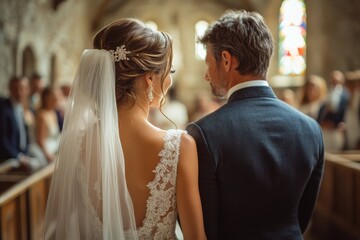 Fototapeta premium Couple exchanging vows in a beautiful church during a heartfelt wedding ceremony in the afternoon light
