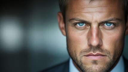 Fototapeta premium Portrait of a man wearing formal suit and blue tie, representing professionalism in corporate or business setting.