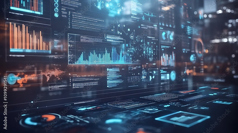 Poster futuristic digital interface with data visualizations and graphs