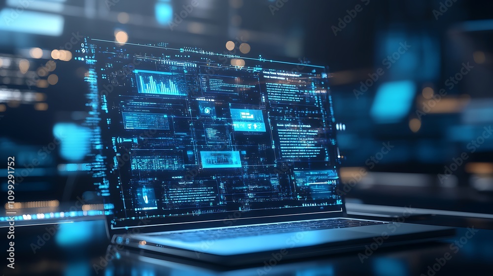 Poster laptop displaying futuristic data streams and code in a dark setting
