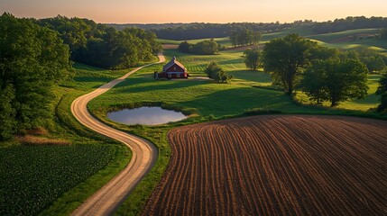 Fototapeta premium Overhead shot of a winding dirt road leading through a patchwork of green and brown farm fields, sunlight highlighting the contours of the landscape, a small pond reflecting the sky nearby,