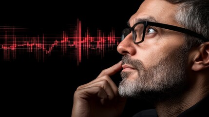 Intrigued man with glasses examines a dynamic red soundwave visualization in modern studio setting