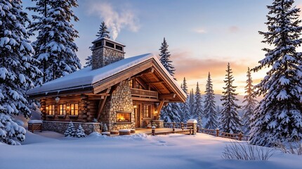 Fototapeta premium Winter ski vacation. Cozy winter cabin surrounded by snow-covered trees at sunset in a ski resort