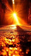 A warm, golden light beams through a narrow space, casting reflections on a textured surface, creating an atmospheric and mysterious ambiance.