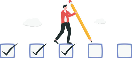 probationary period, employee evaluation to provide feedback and make decisions about promotion, raise or termination concept, Businessman walking up the stairs of check boxes for assessment.
