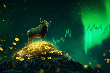 An abstract representation of a bullish Bitcoin market, featuring a golden bull statue standing atop a mountain of glowing Bitcoin coins, under a radiant green aurora, with dynamic trading charts.