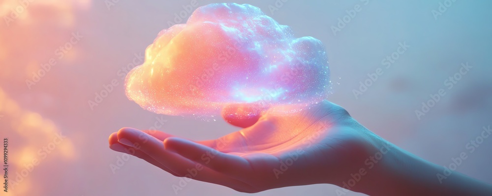 Poster Hand gripping holographic cloud symbol with data upload sign, white background, representing cloud computing and data storage, highquality imagery