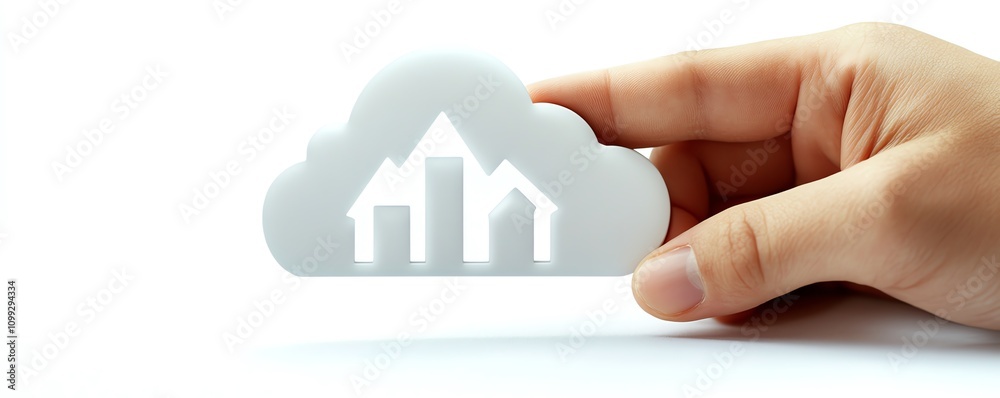 Aufkleber Hand gripping holographic cloud symbol with data upload sign, white background, representing cloud computing and data storage, highquality imagery