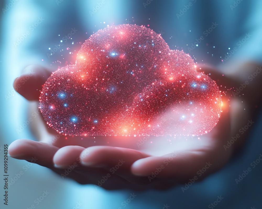 Aufkleber Hand holding glowing holographic cloud symbol with data upload icon, white background, representing cloud computing and data storage, highquality design