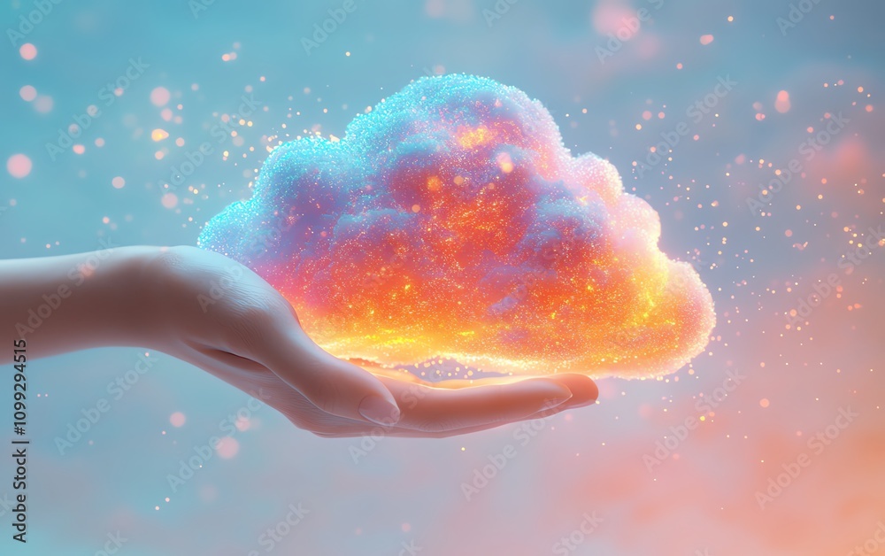 Poster Hand holding holographic cloud symbol with data upload sign, white background, concept of cloud computing and data storage, highdefinition realism